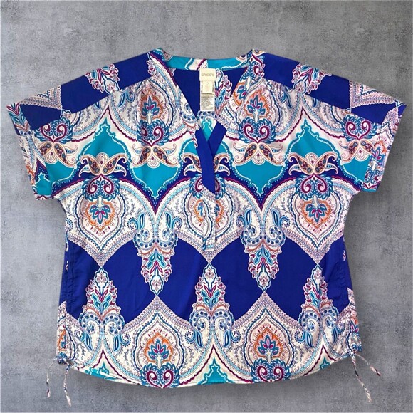 CHICOS Women Lightweight Polyester Blouse Paisley Print Cinch Side Sz 2 US Large - Picture 1 of 11